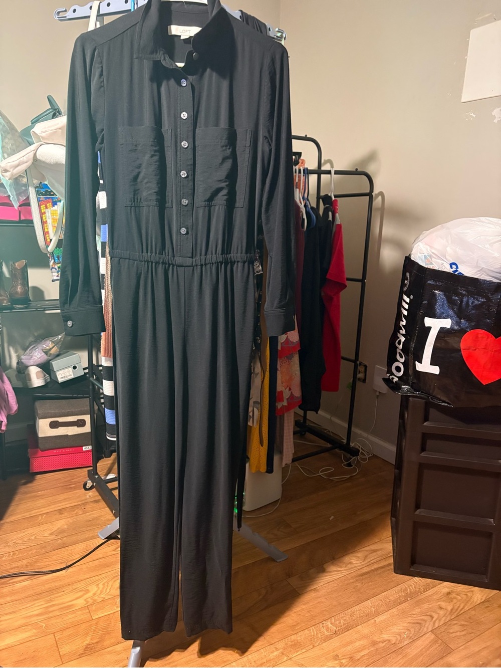 LOFT Black Long-Sleeve Button-Front Jumpsuit
